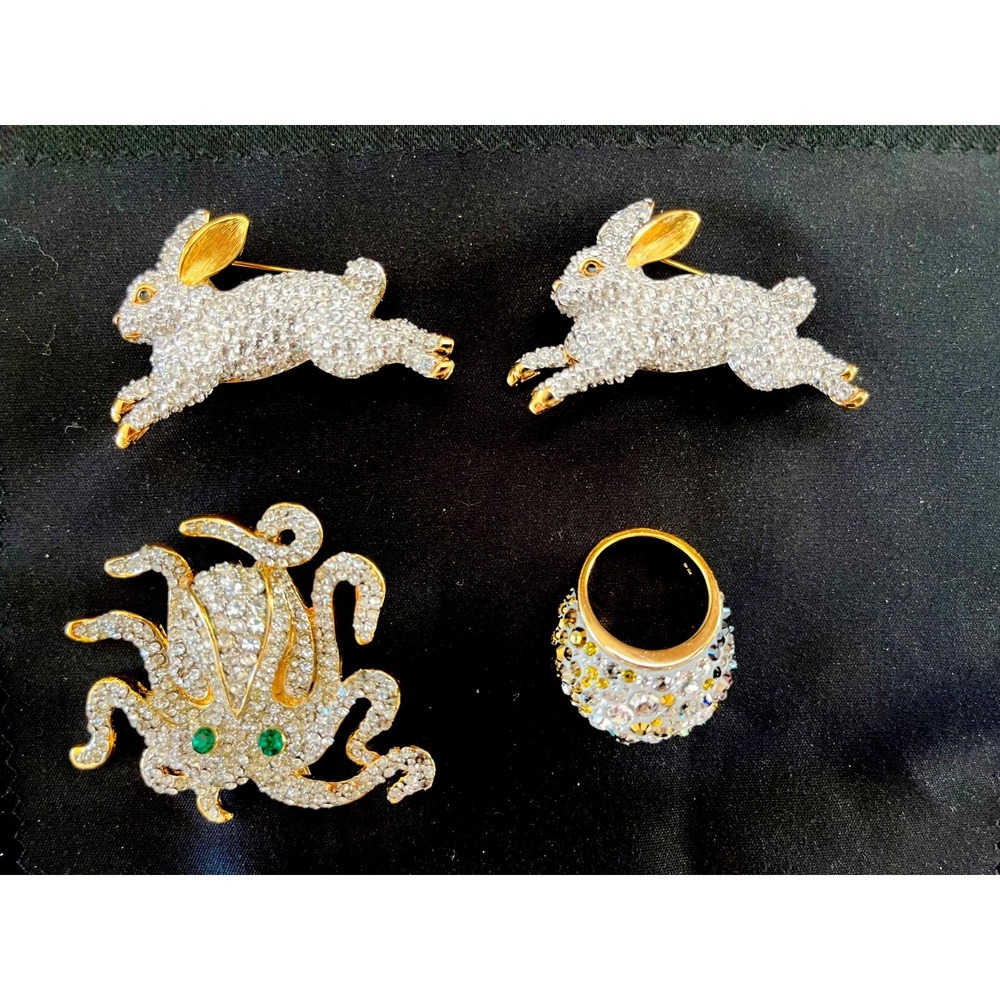 Vintage Swarovski 22k Gold Bunny Brooches L&S Octopus Brooch & Dome Ring Lot